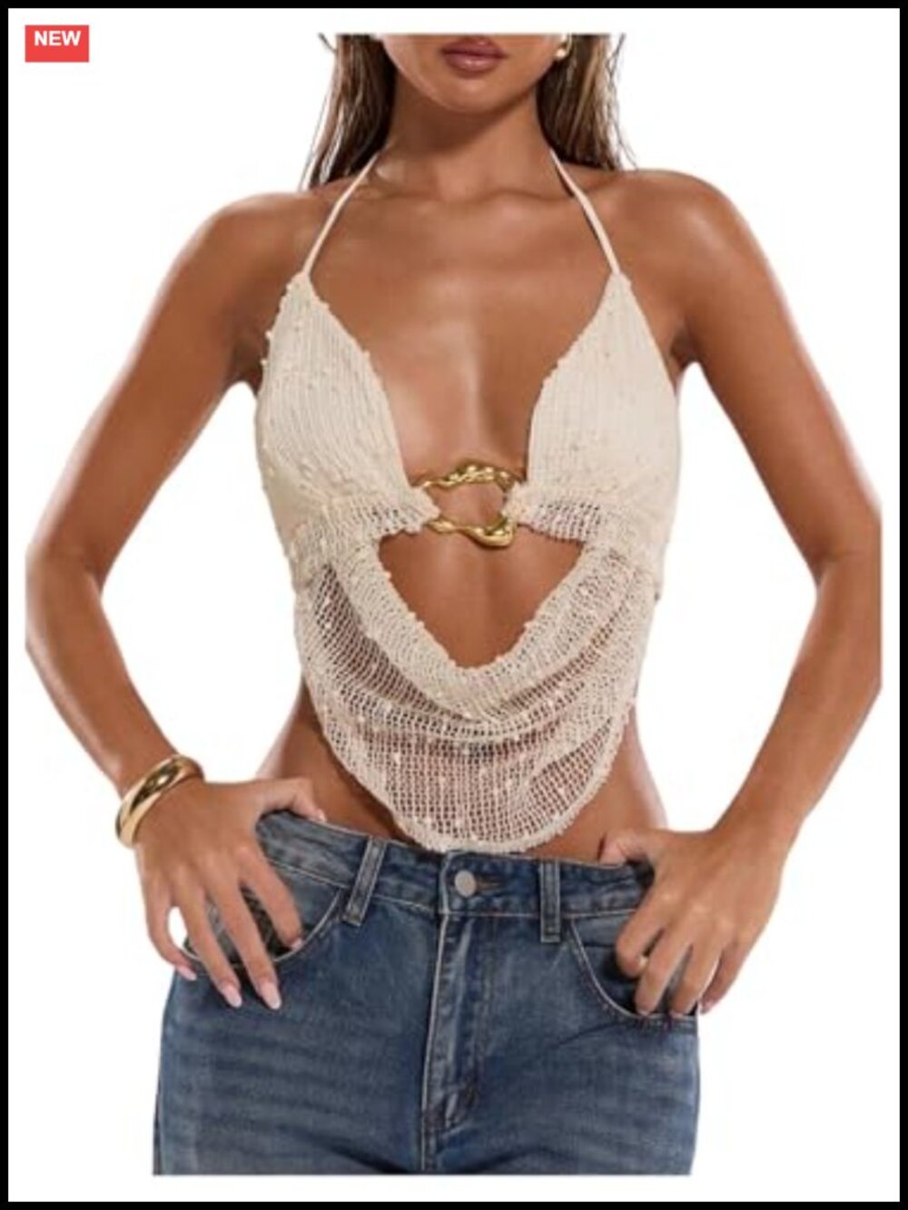Crochet Halter Tank Top Open Back Draped Front Sequin Y2K Festival Going Out Top